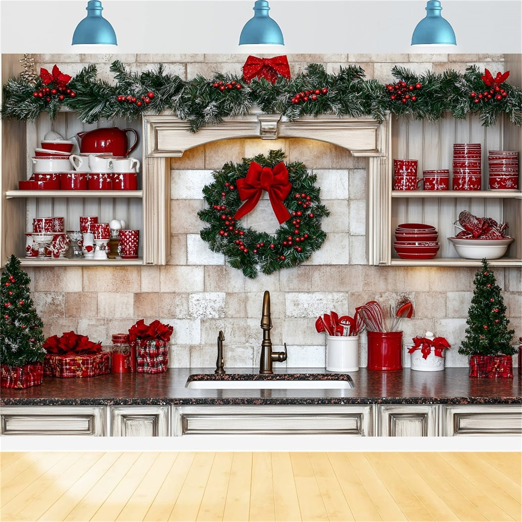Holiday Photo Backdrop Red Dishware Holiday Kitchen Decor Christmas Kitchen Backdrop UK GQ58-39