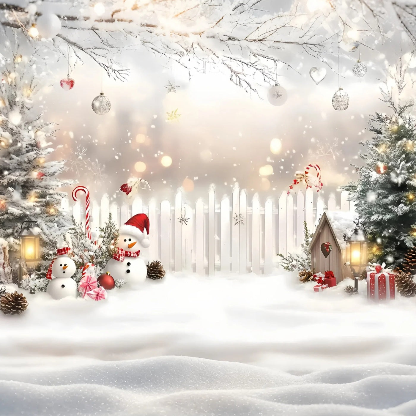 Holiday Backdrops Candy Cane Snowman White Fence White Christmas Backdrop UK GQ58-4