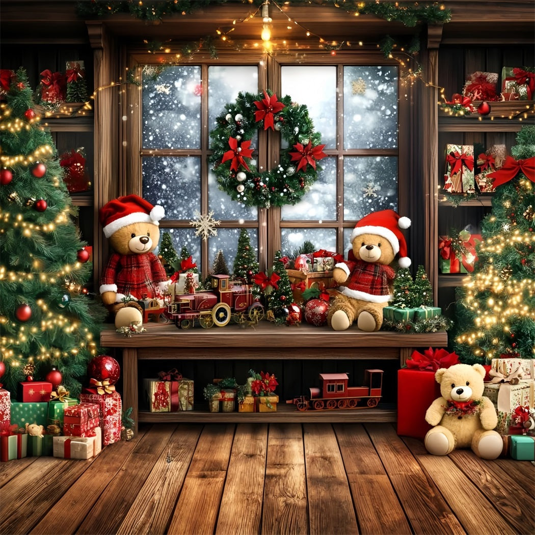 Holiday Photo Backdrop Teddy Train Gift Window Christmas Photography Backdrops UK GQ58-40