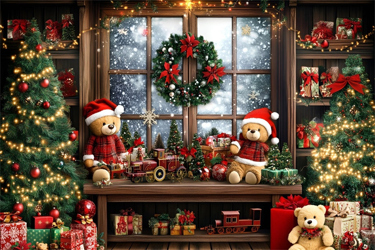 Holiday Photo Backdrop Teddy Train Gift Window Christmas Photography Backdrops UK GQ58-40