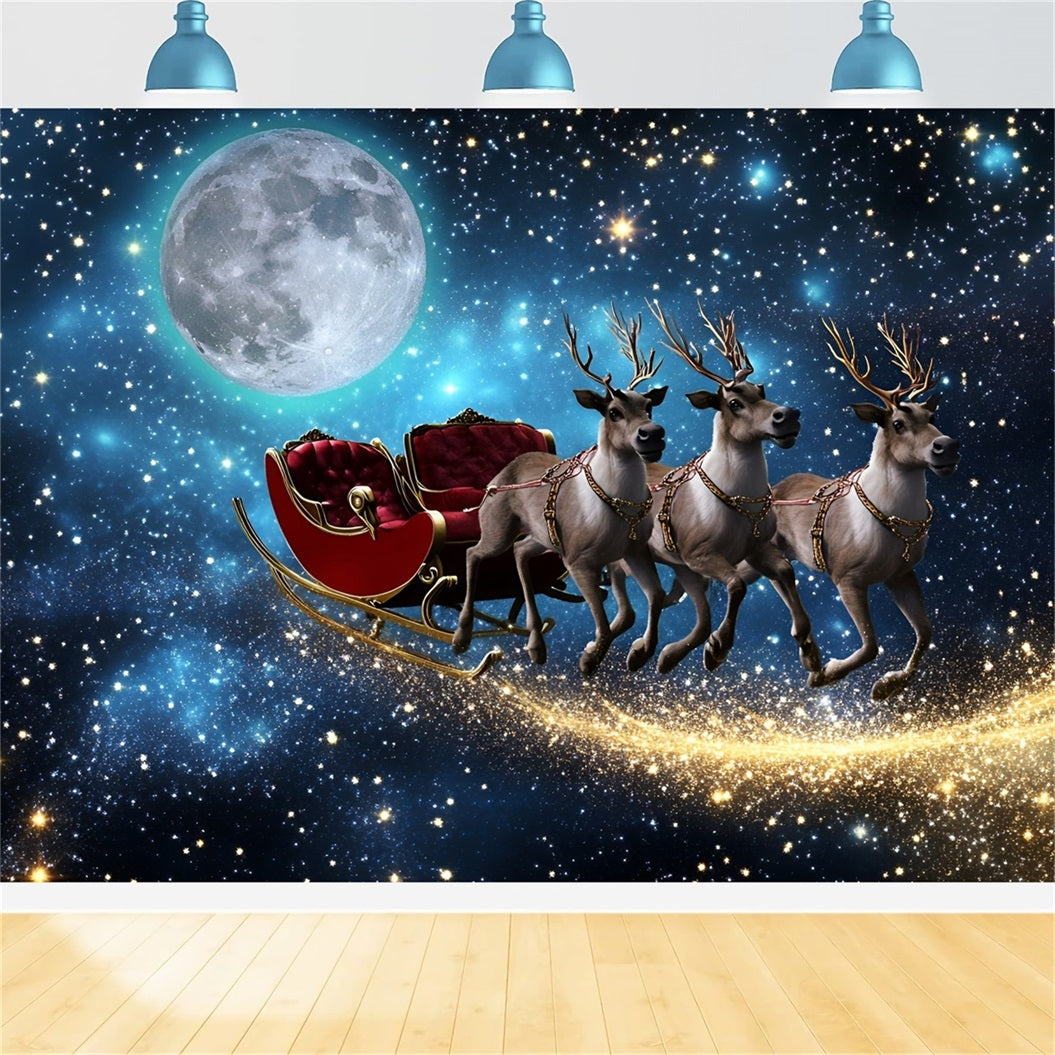 Night Sky Backdrop Flying Reindeer Sleigh Under Moonlight Christmas Backdrops For Photos UK GQ58-44