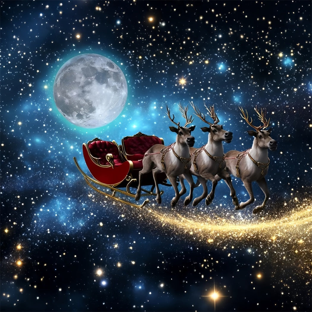 Night Sky Backdrop Flying Reindeer Sleigh Under Moonlight Christmas Backdrops For Photos UK GQ58-44