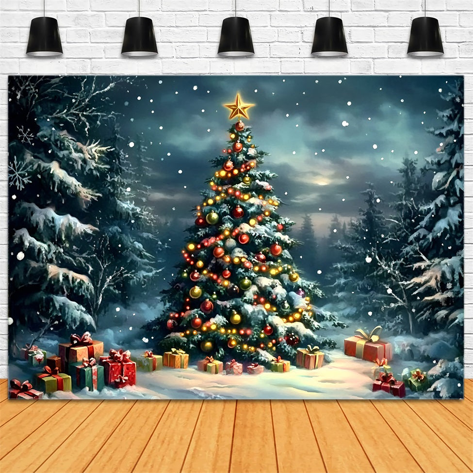 Night Sky Backdrop Snowy Pine Forest Decorated Tree Christmas Backdrops For Photos UK GQ58-45
