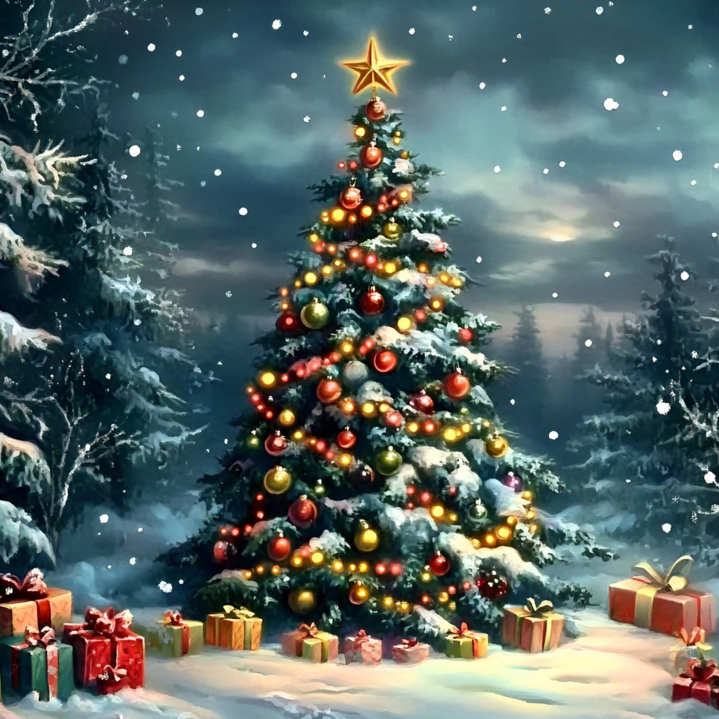 Night Sky Backdrop Snowy Pine Forest Decorated Tree Christmas Backdrops For Photos UK GQ58-45