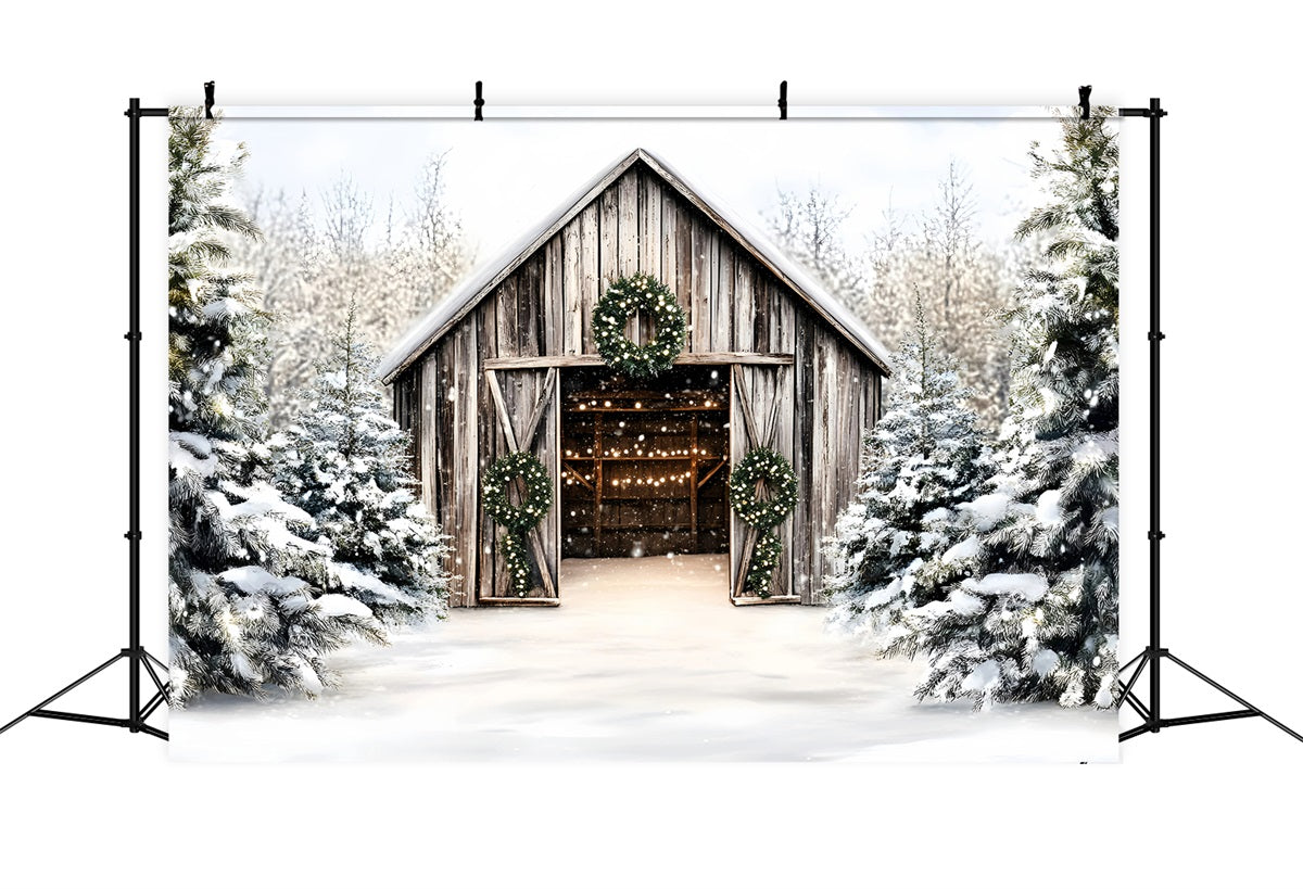 Christmas Tree Farm Backdrop Rustic Wooden Barn Holiday Wreaths Christmas Village Backdrop UK GQ58-46
