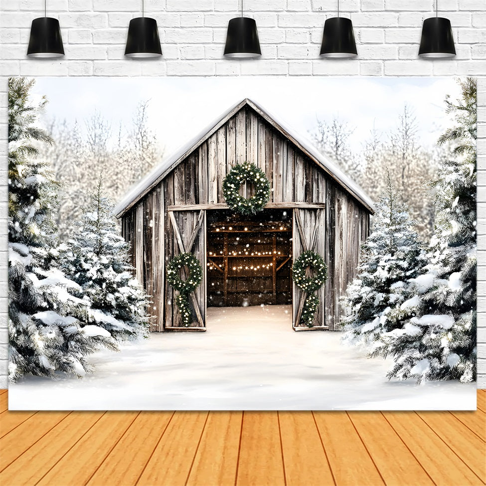 Christmas Tree Farm Backdrop Rustic Wooden Barn Holiday Wreaths Christmas Village Backdrop UK GQ58-46