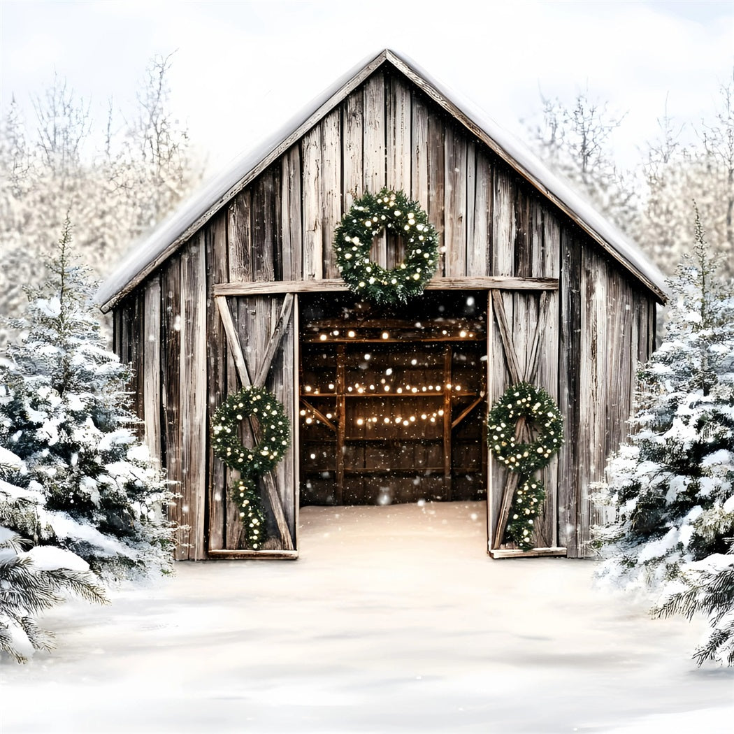 Christmas Tree Farm Backdrop Rustic Wooden Barn Holiday Wreaths Christmas Village Backdrop UK GQ58-46