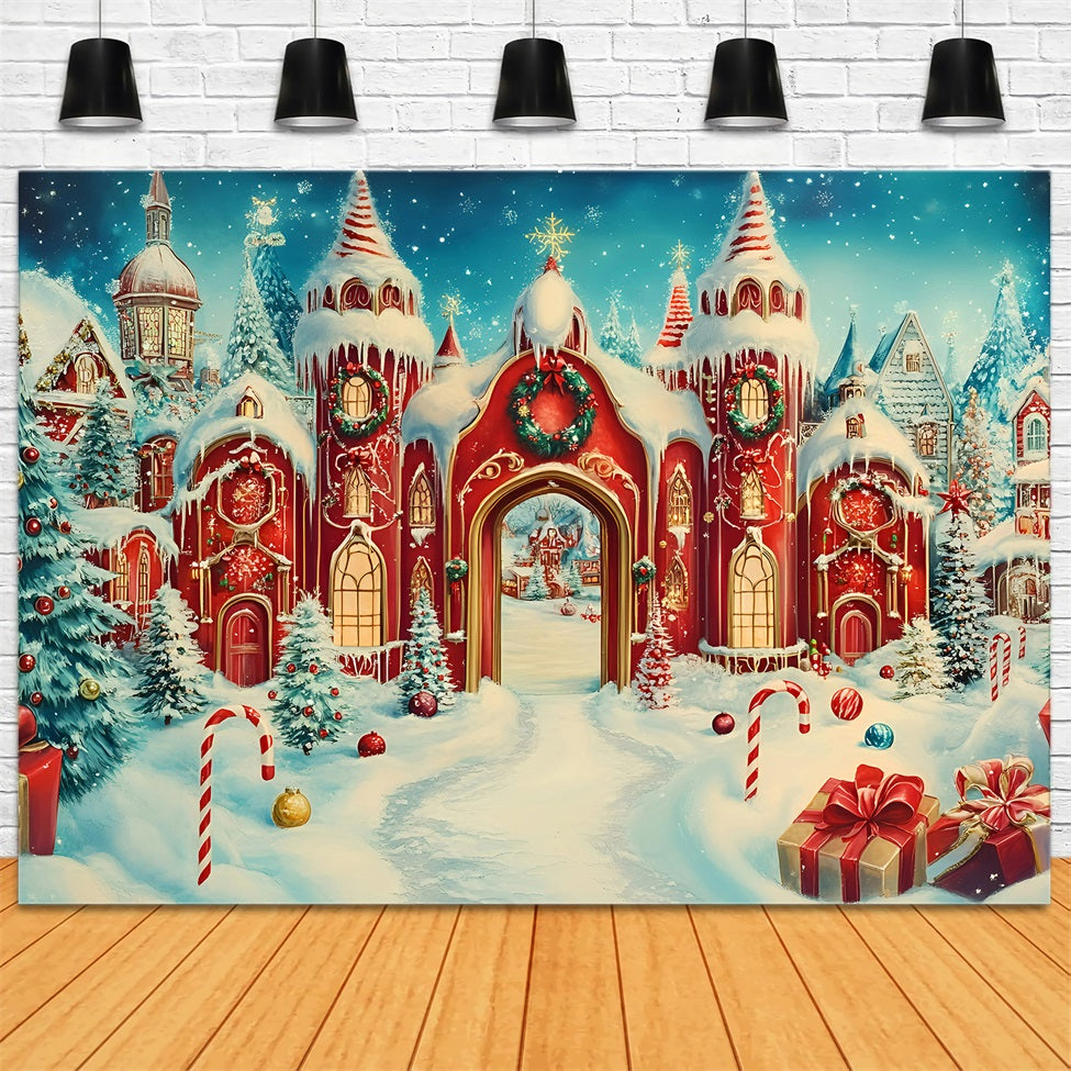 North Pole Backdrop Candy Cane Castle with Snowy Towers Christmas Backdrop Photography UK GQ58-55