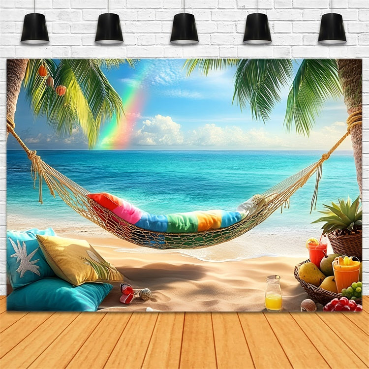 Tropical Beach Backdrop Palm Rainbow Hammock Summer Backdrop UK GQ6-14