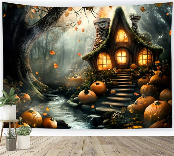 Forest Backdrop Haunted Pumpkin Cottage Halloween Backdrop UK GQ6-195