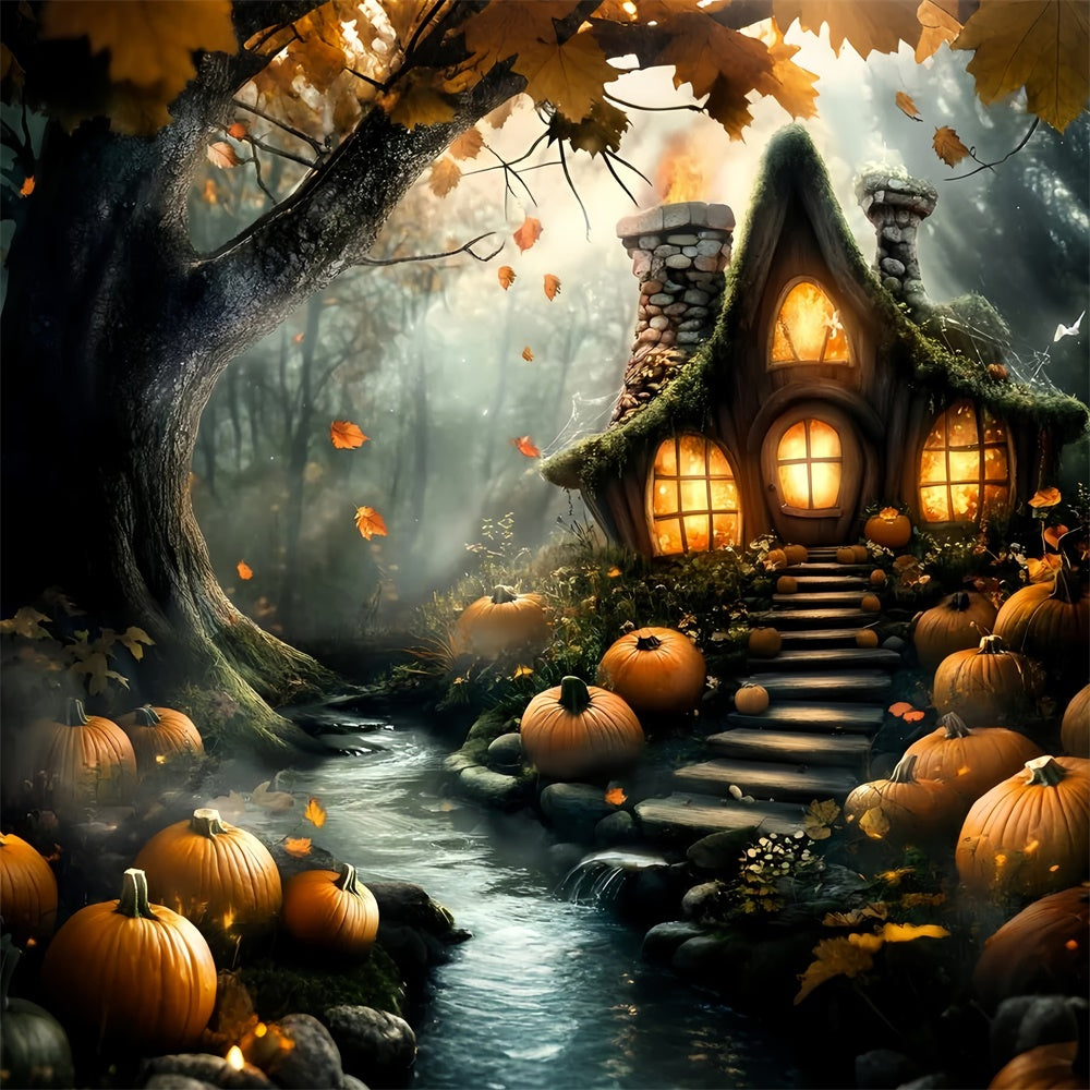 Forest Backdrop Haunted Pumpkin Cottage Halloween Backdrop UK GQ6-195