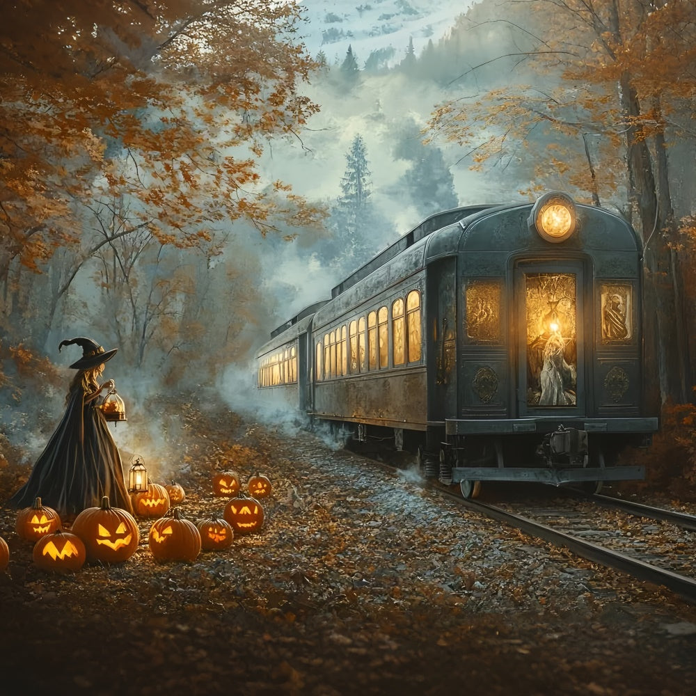 Halloween Witch Backdrop Midnight Pumpkin Railway Backdrop UK GQ6-199