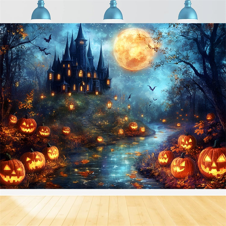 Halloween Moon Backdrop Haunted Castle Pumpkin Backdrop UK GQ6-206