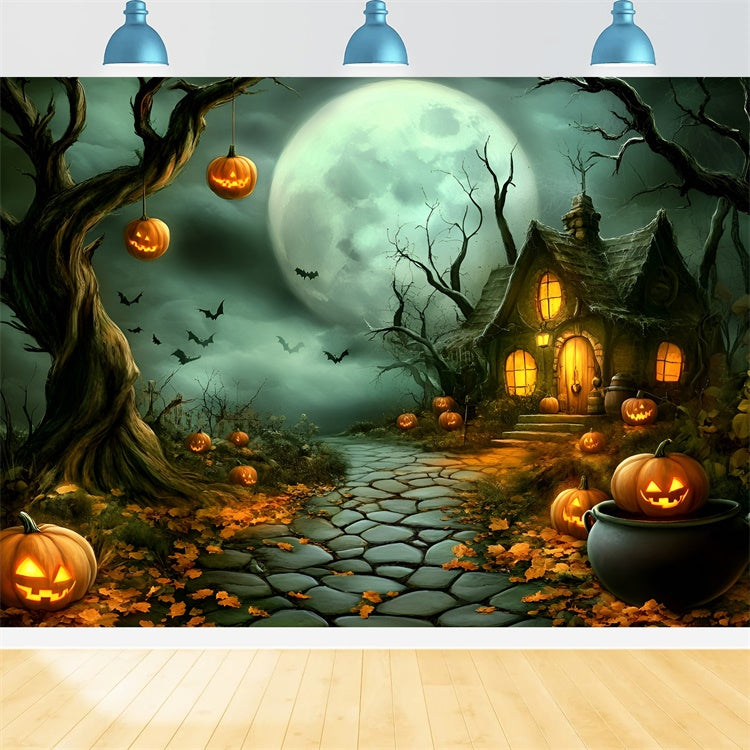 Halloween Moon Backdrop Haunted Pumpkin Cottage Path Backdrop UK GQ6-210