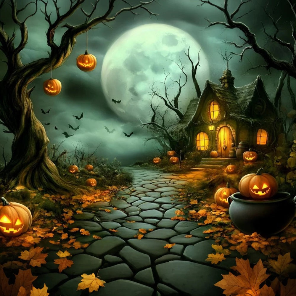 Halloween Moon Backdrop Haunted Pumpkin Cottage Path Backdrop UK GQ6-210