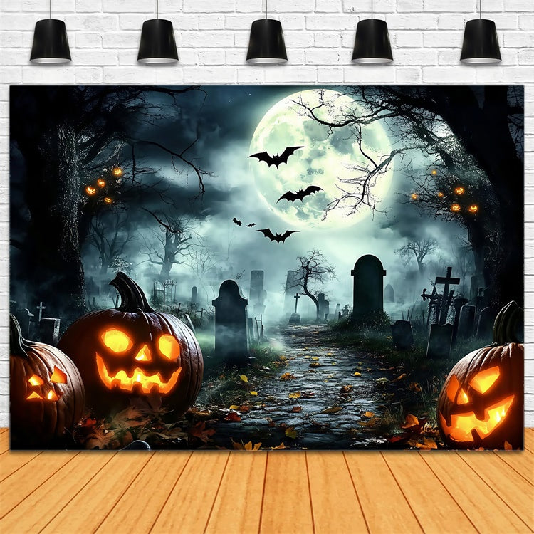 Halloween Graveyard Backdrop Midnight Bats Pumpkin Backdrop UK GQ6-228