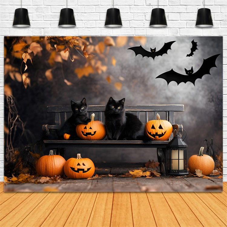 Scary Halloween Backdrops Black Cat Pumpkin Bench Backdrop UK GQ6-234