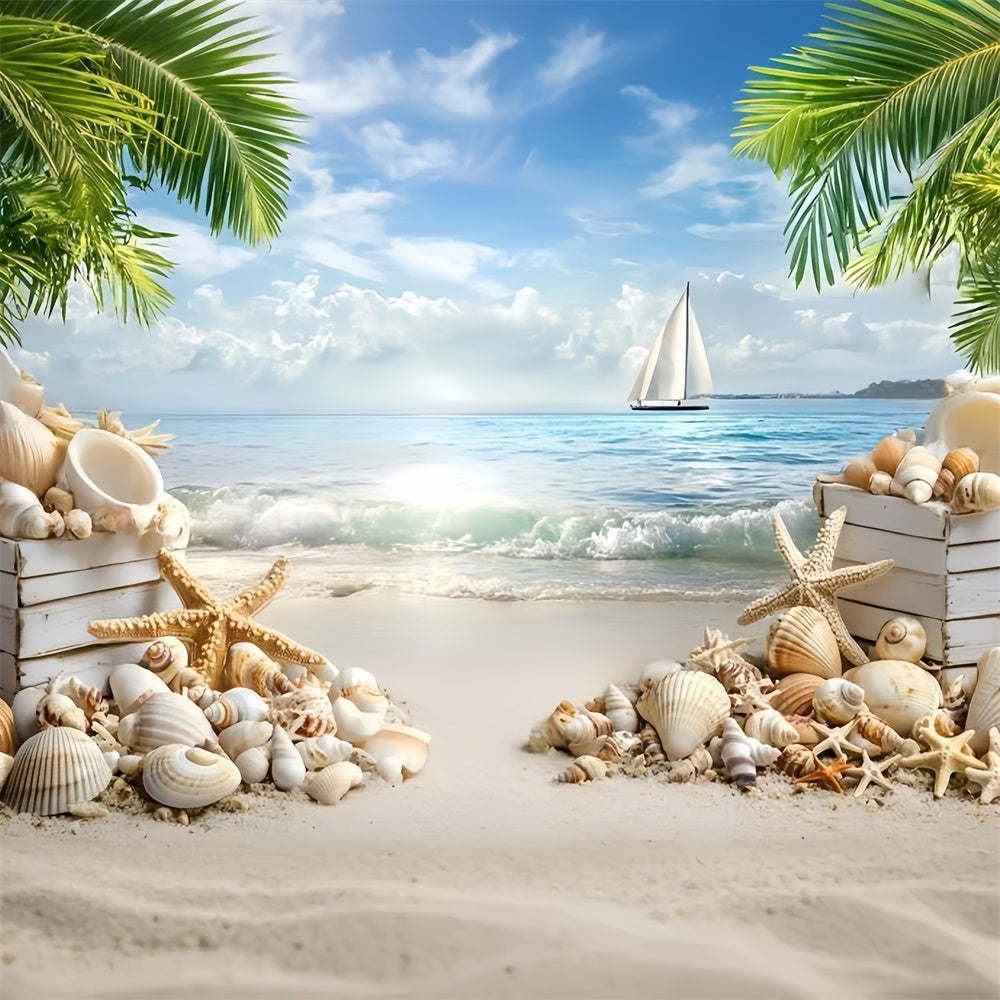 Beach Scene Backdrop Seashell Sailboat Summer Photo Backdrop UK GQ6-3