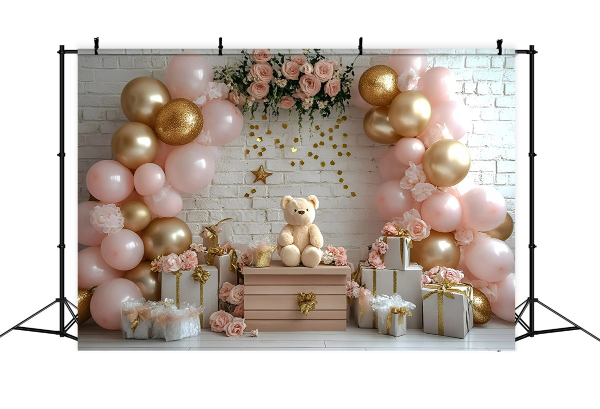 Cake Smash Backdrop Girl Pink Rose Bear Backdrop UK GQ6-322