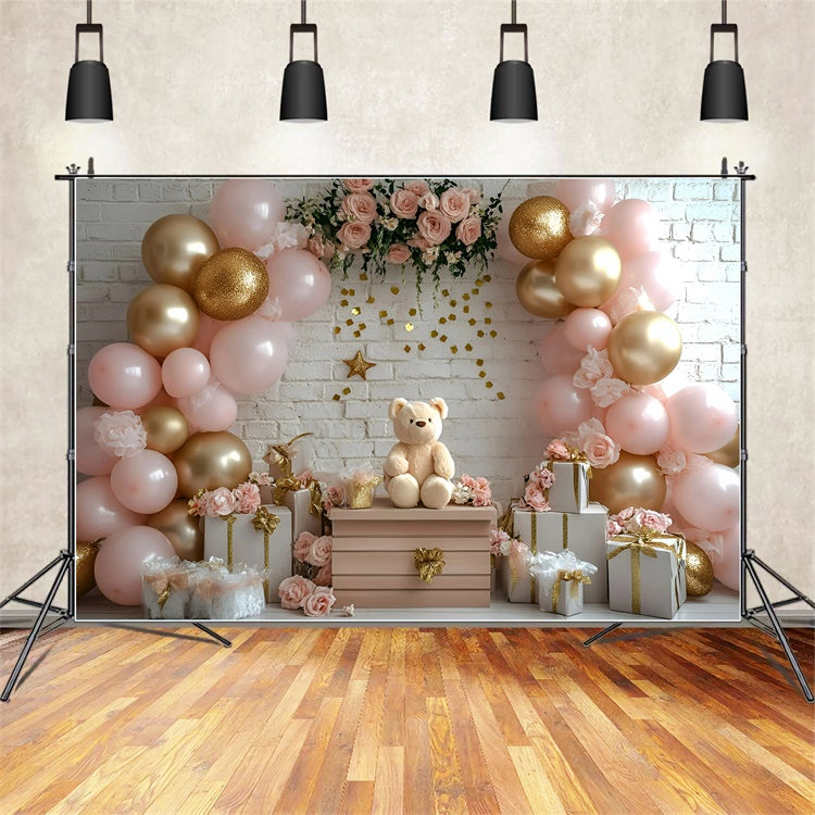 Cake Smash Backdrop Girl Pink Rose Bear Backdrop UK GQ6-322