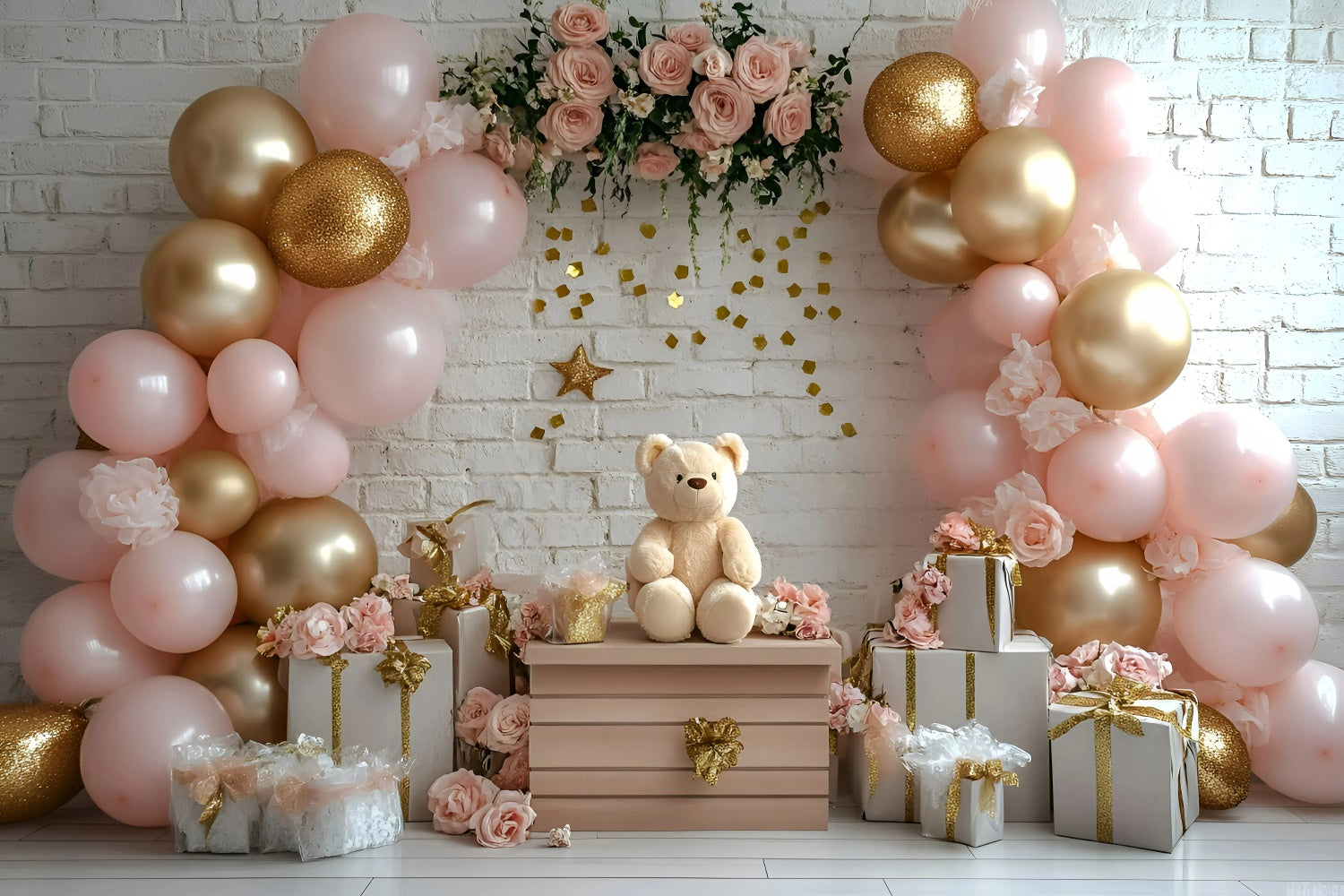 Cake Smash Backdrop Girl Pink Rose Bear Backdrop UK GQ6-322