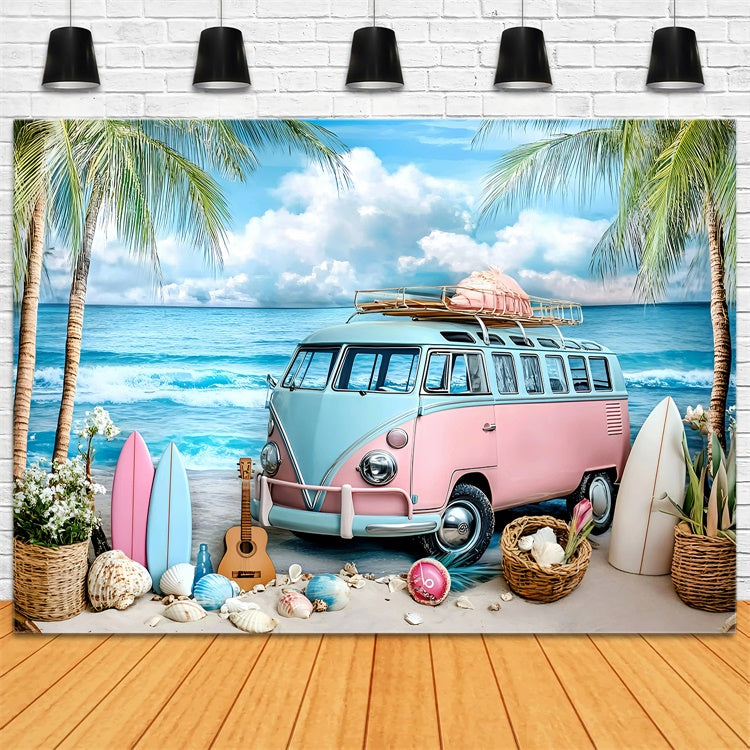 Beach Theme Backdrop Guitar Beach Van Summer Backdrops UK GQ6-7