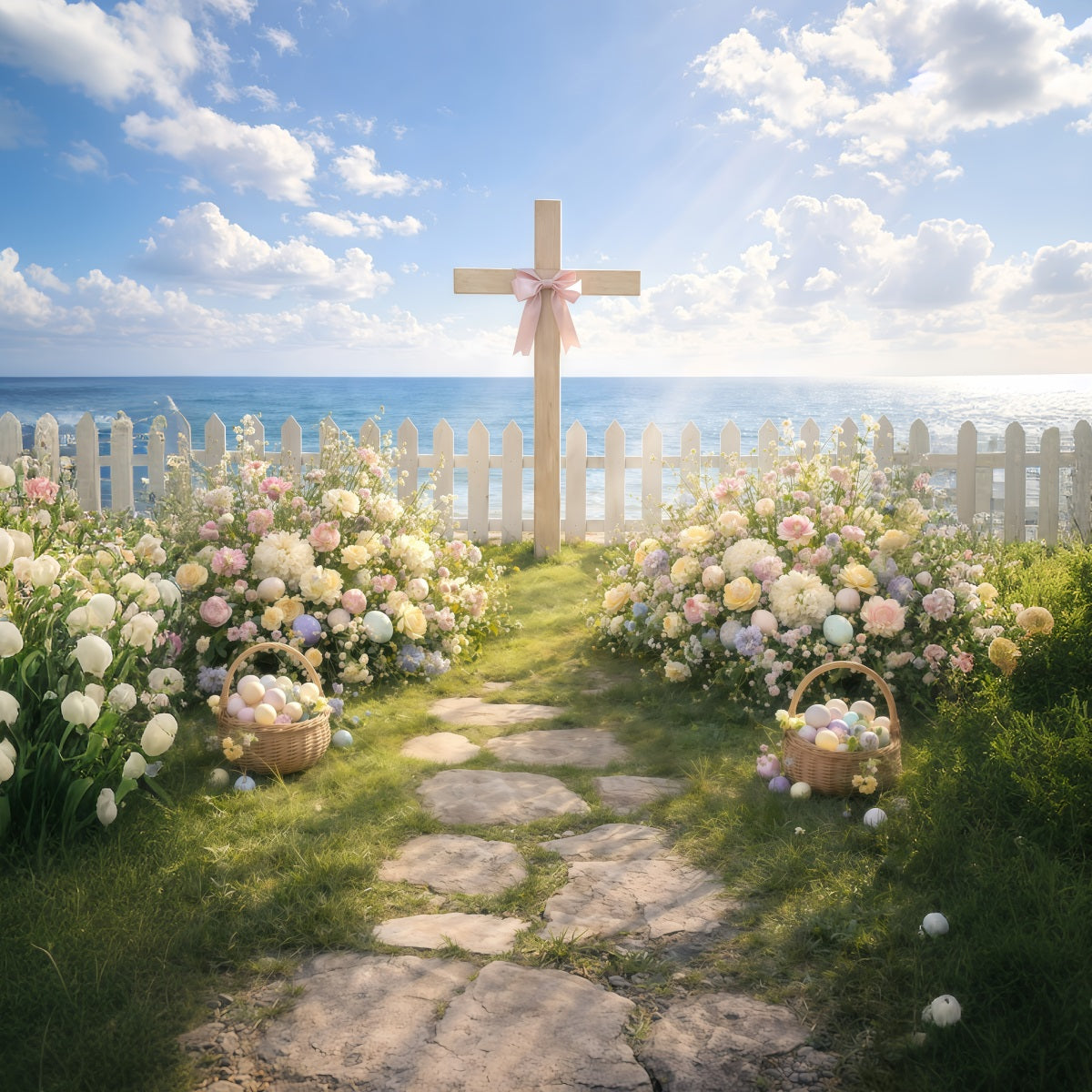 Easter Religious Backdrops Seaside Cross Garden Path Backdrop For Easter Pictures UK GQ61-11