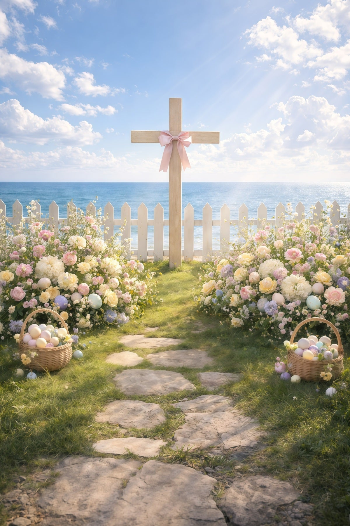 Easter Religious Backdrops Seaside Cross Garden Path Backdrop For Easter Pictures UK GQ61-11