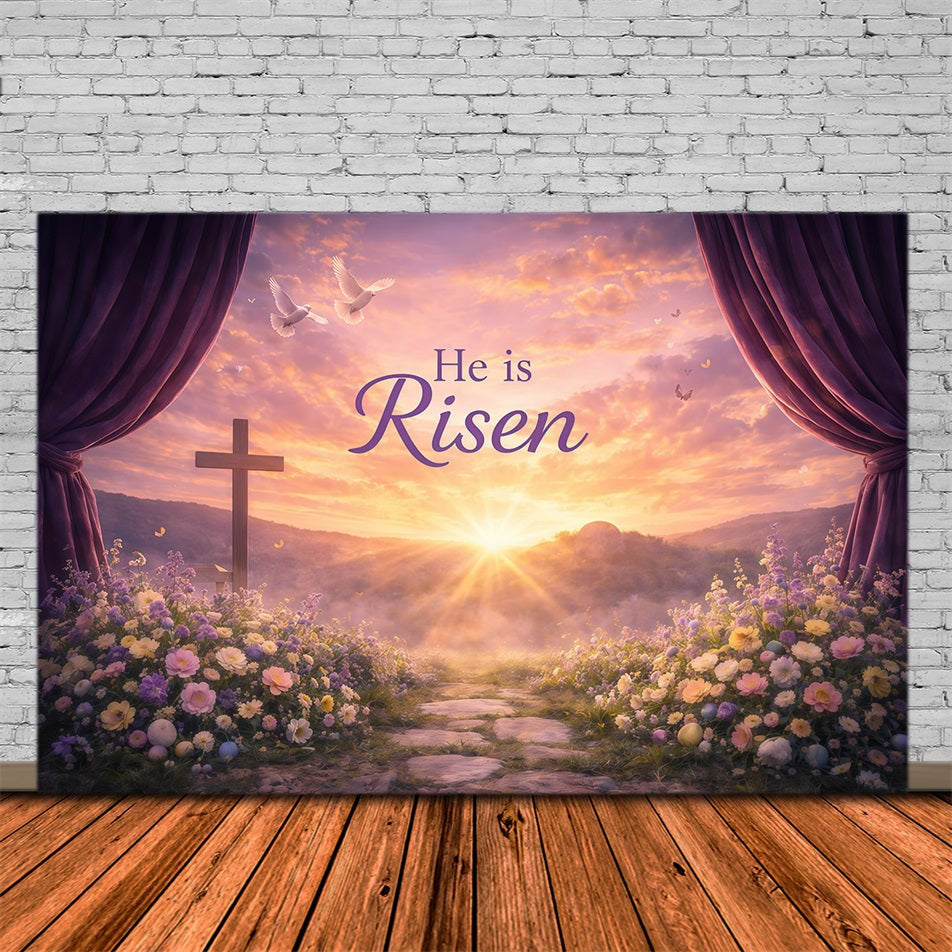He Is Risen Backdrop Sunrise Valley Songbirds Flower Easter Backdrops For Photos UK GQ61-13