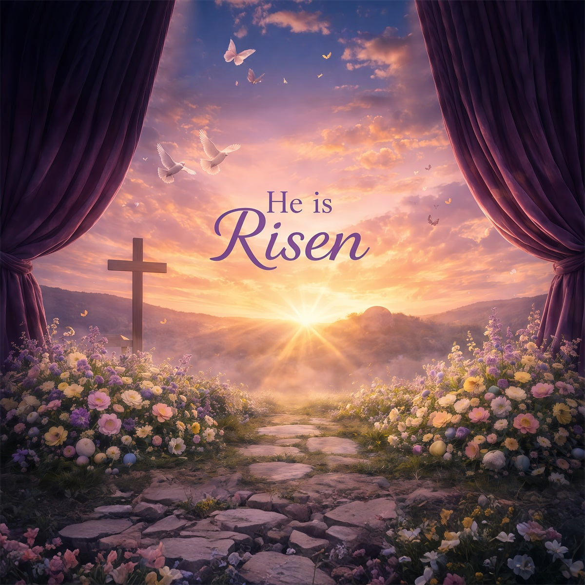 He Is Risen Backdrop Sunrise Valley Songbirds Flower Easter Backdrops For Photos UK GQ61-13
