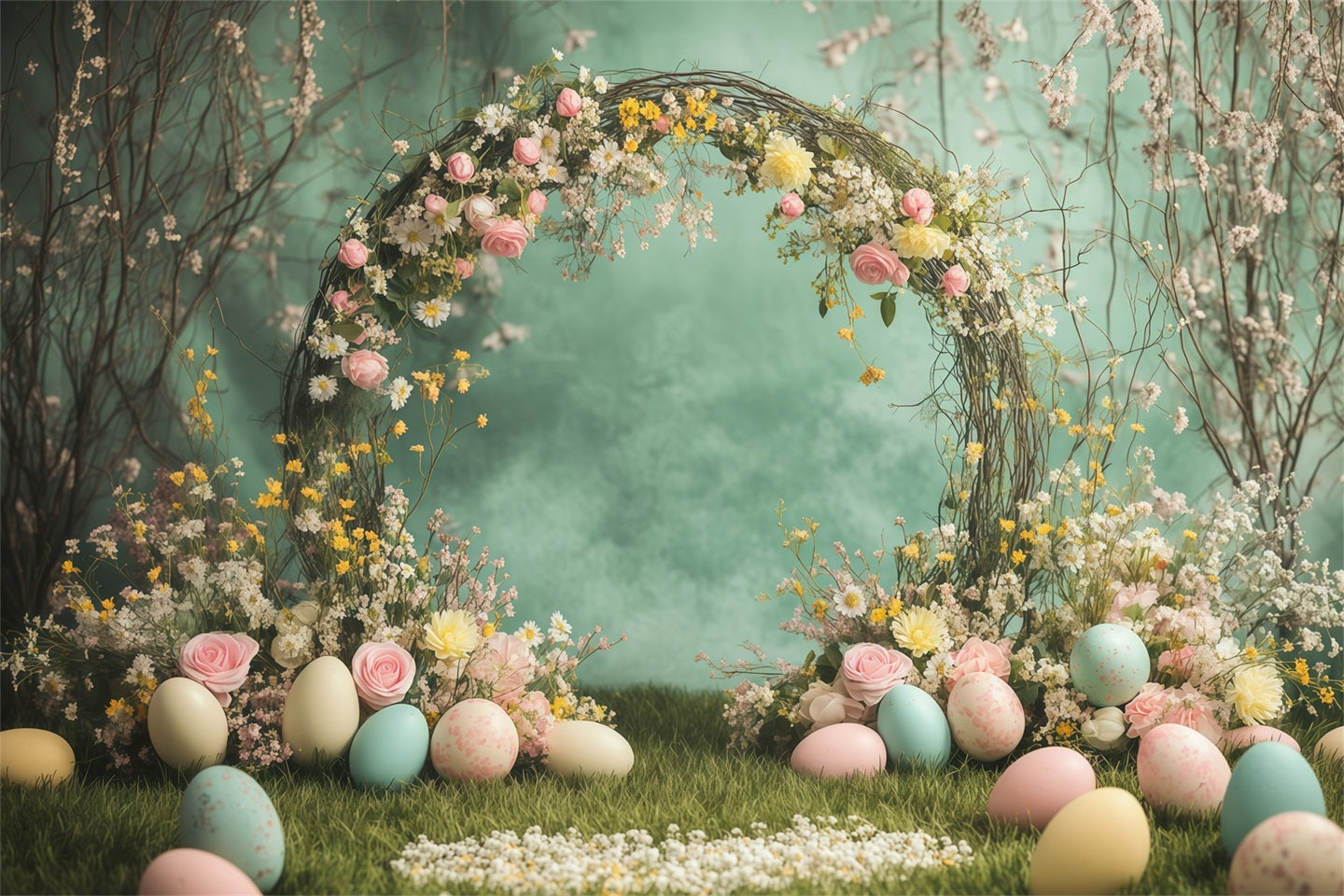 Spring Easter Backdrop Wildflower Bouquet Egg Arch Easter Backdrops For Photos UK GQ61-17