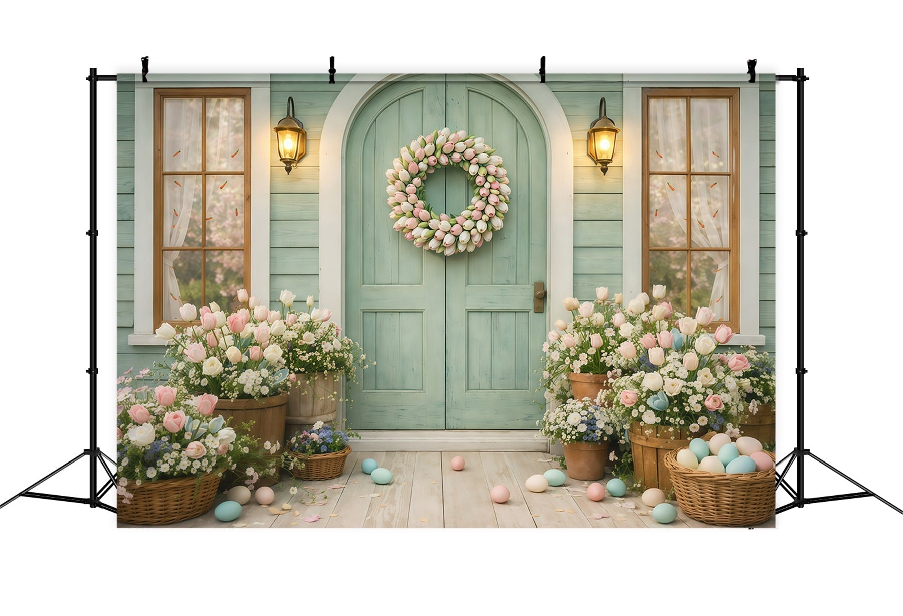 Tulip Backdrop Spring Flower Wreath Doorway Easter Photography Backdrops For Sale UK GQ61-21