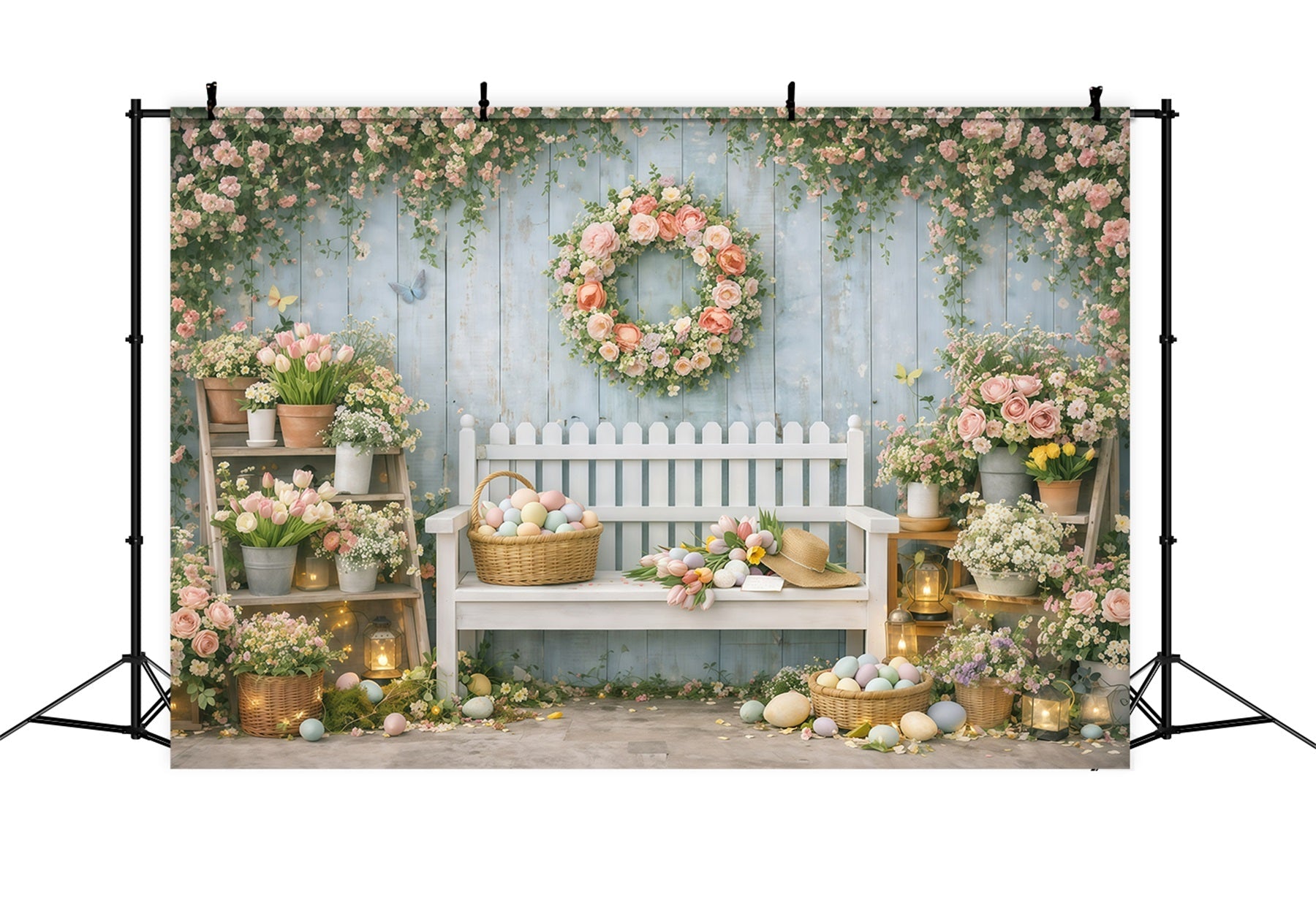 Easter Backdrop With Bench Spring Flower Market Garden Easter Backdrop For Photos UK GQ61-33