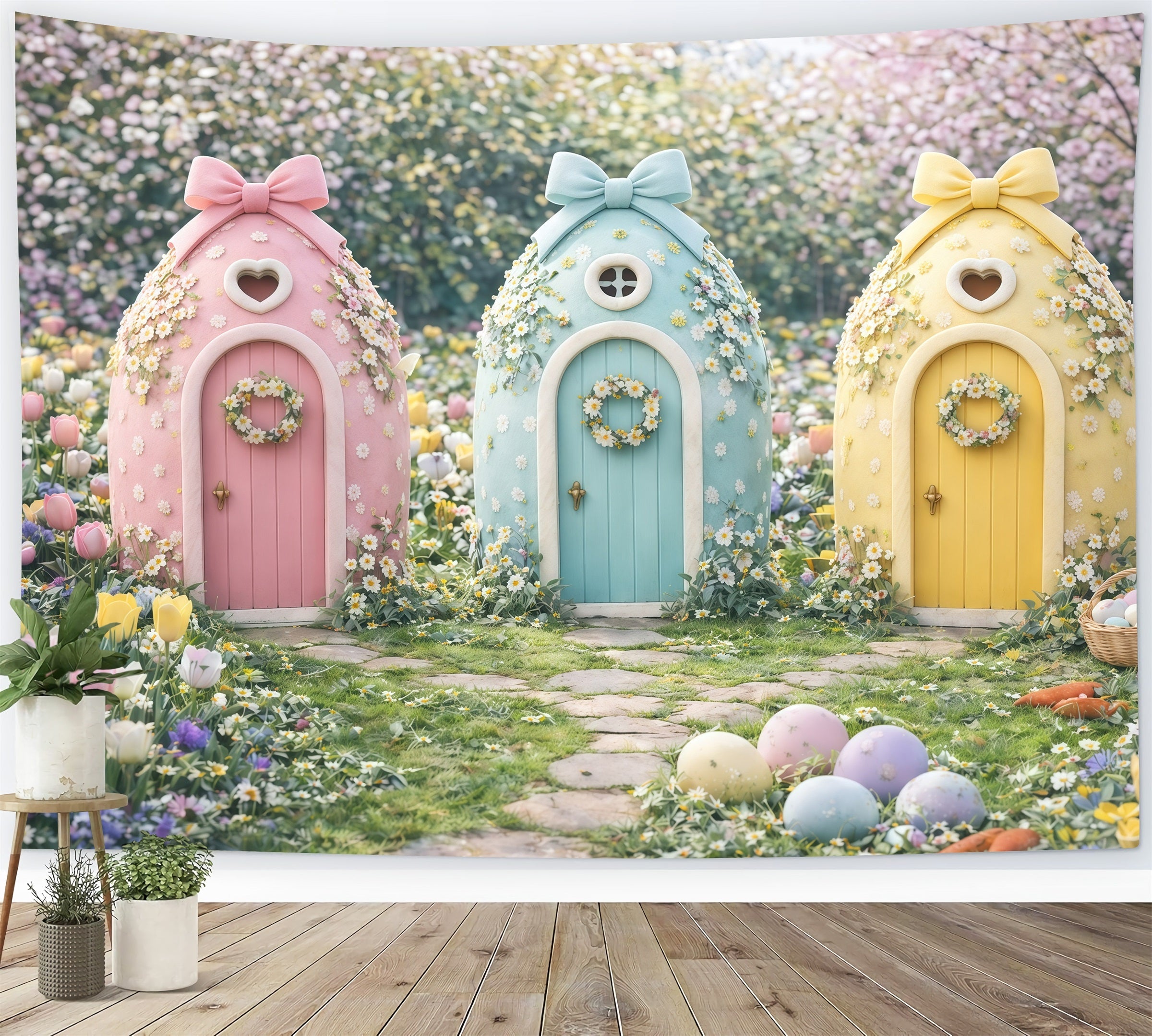 Easter Spring Backdrops Pastel Fairy Cottage Trio Outdoor Easter Backdrop UK GQ61-47