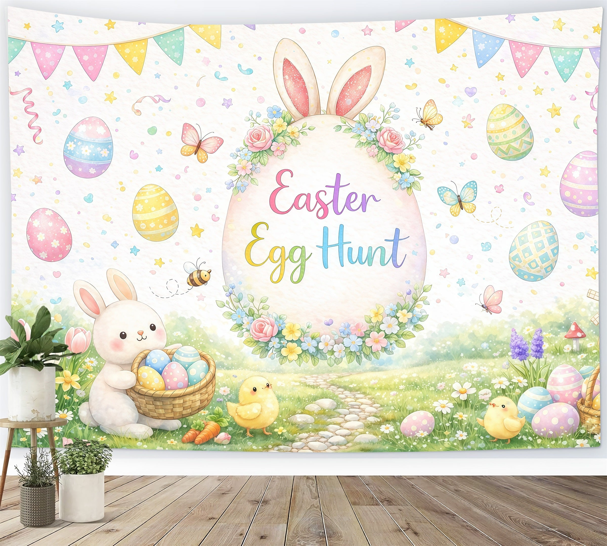 Easter Egg Hunt Backdrop Watercolor Garden Bunny Chicks Easter Themed Backdrops UK GQ61-54