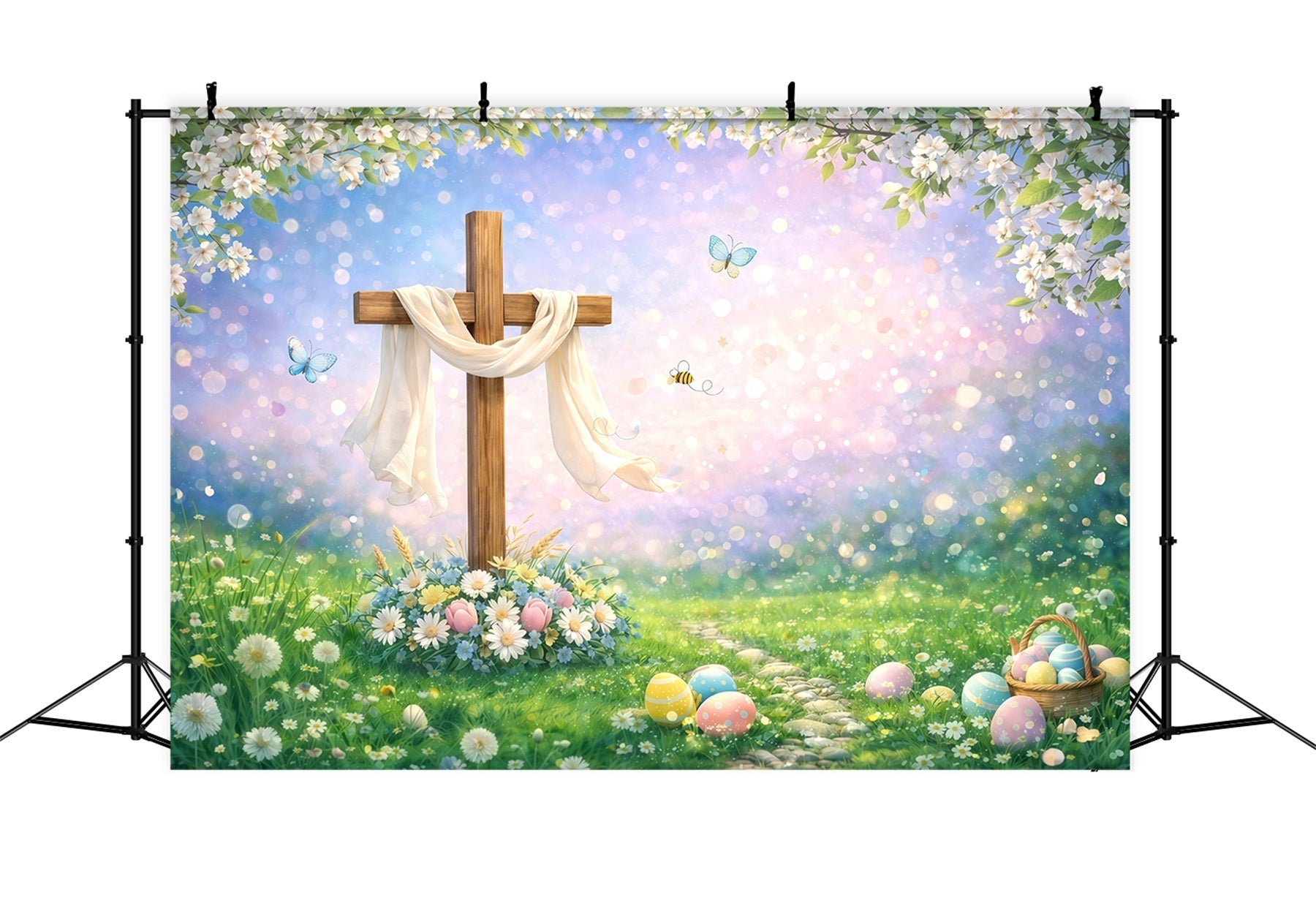 Easter Religious Backdrop Wooden Cross Spring Meadow Bokeh Easter Backdrops Ideas UK GQ61-55