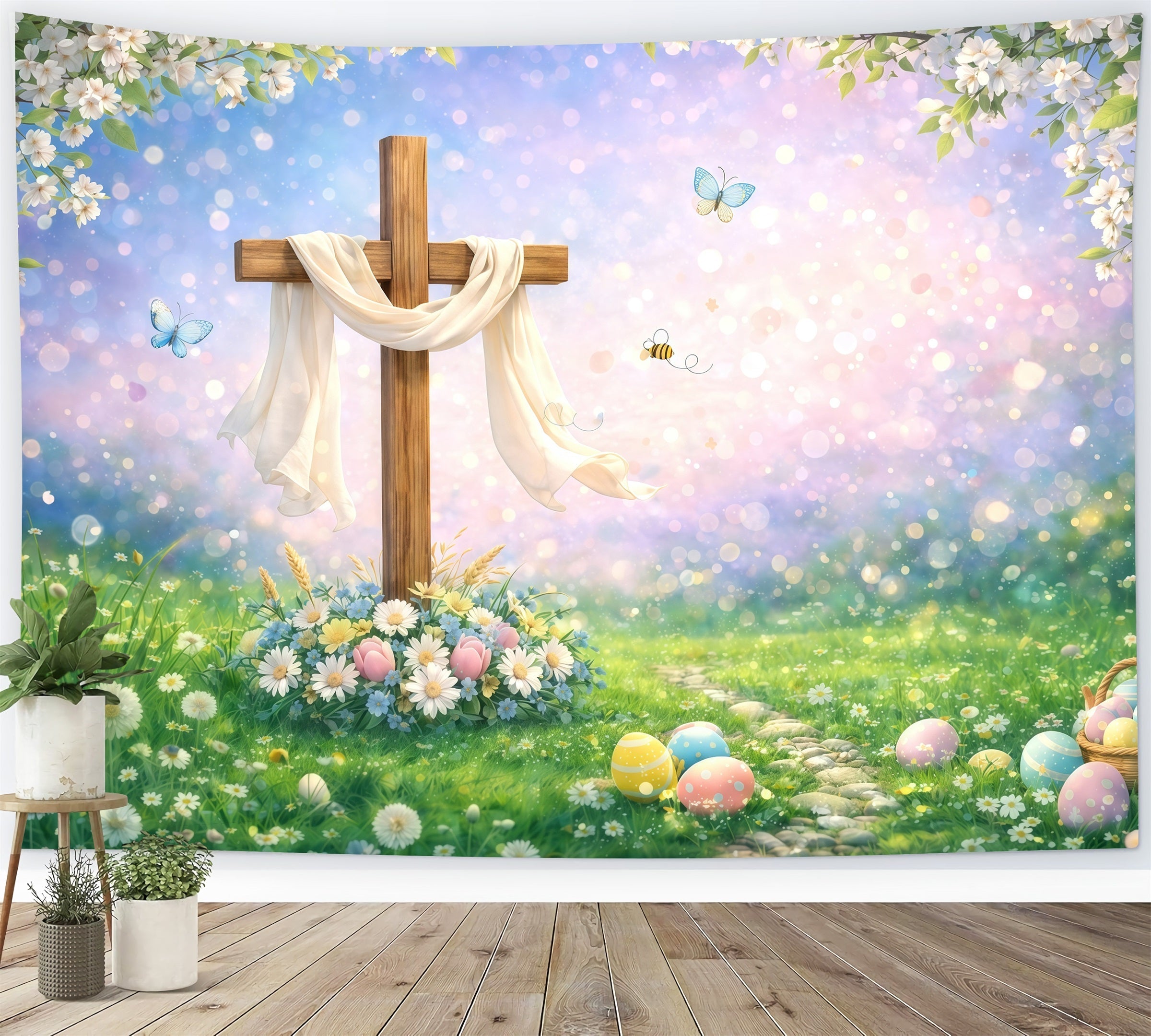 Easter Religious Backdrop Wooden Cross Spring Meadow Bokeh Easter Backdrops Ideas UK GQ61-55