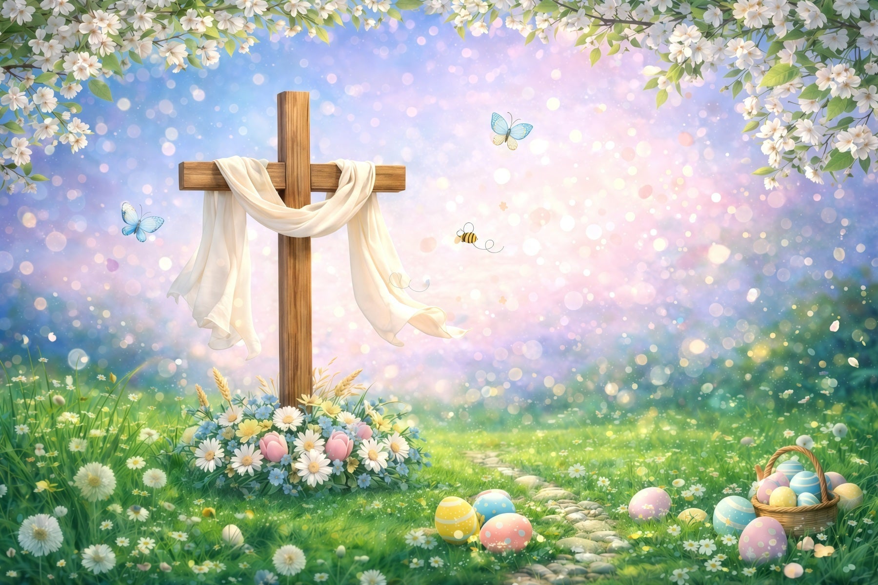 Easter Religious Backdrop Wooden Cross Spring Meadow Bokeh Easter Backdrops Ideas UK GQ61-55