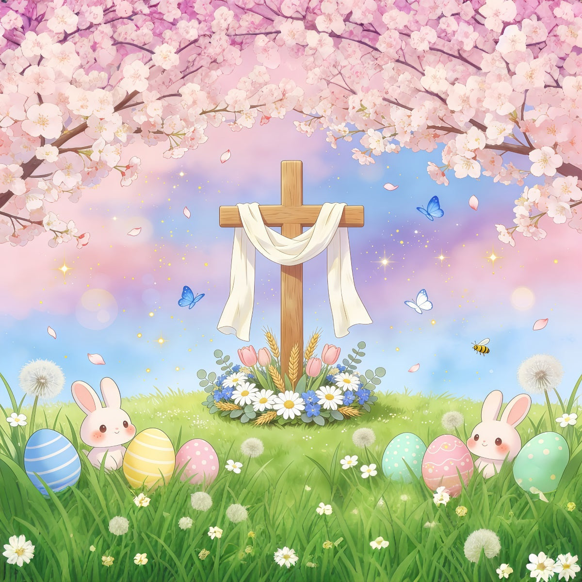 Easter Religious Backdrop Cross Bunny Egg Pastel Sky Easter Backdrops Ideas UK GQ61-56