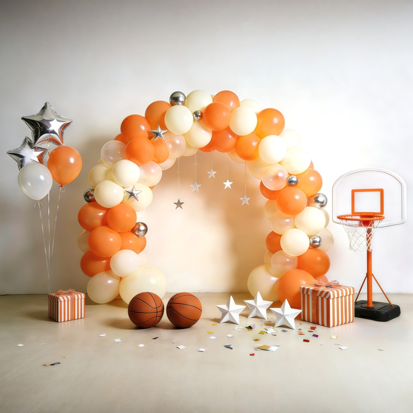 Basketball Backdrop For Photography Cream Orange Balloon Hoop Setup Sports Backdrops UK GQ61-71