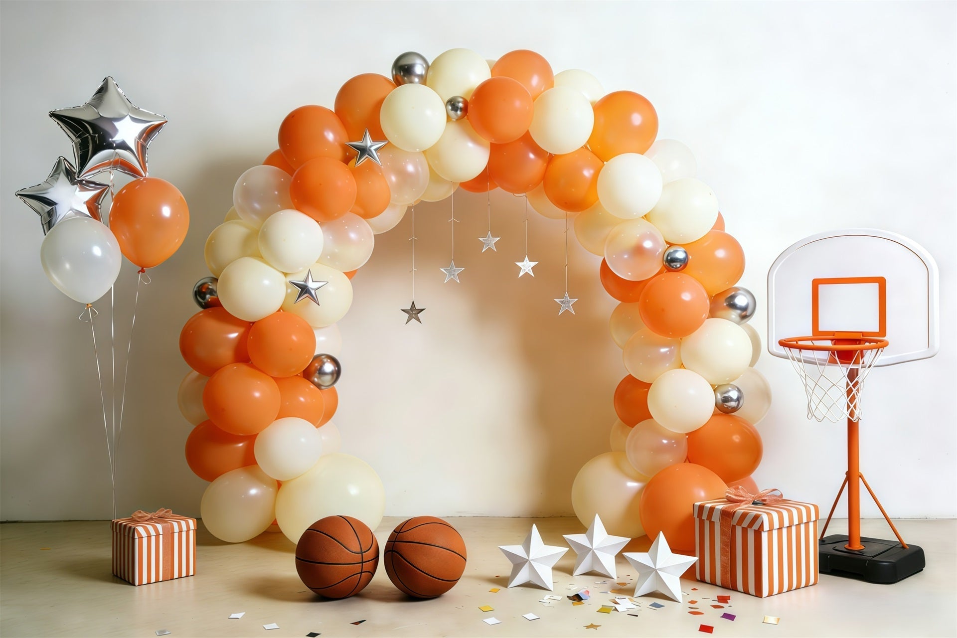 Basketball Backdrop For Photography Cream Orange Balloon Hoop Setup Sports Backdrops UK GQ61-71