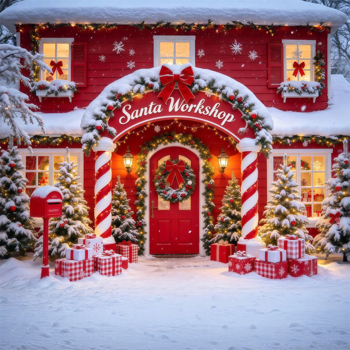 Santa's Workshop Backdrop Candy Cane Column Doorway Christmas Red Backdrop UK GQ610-10
