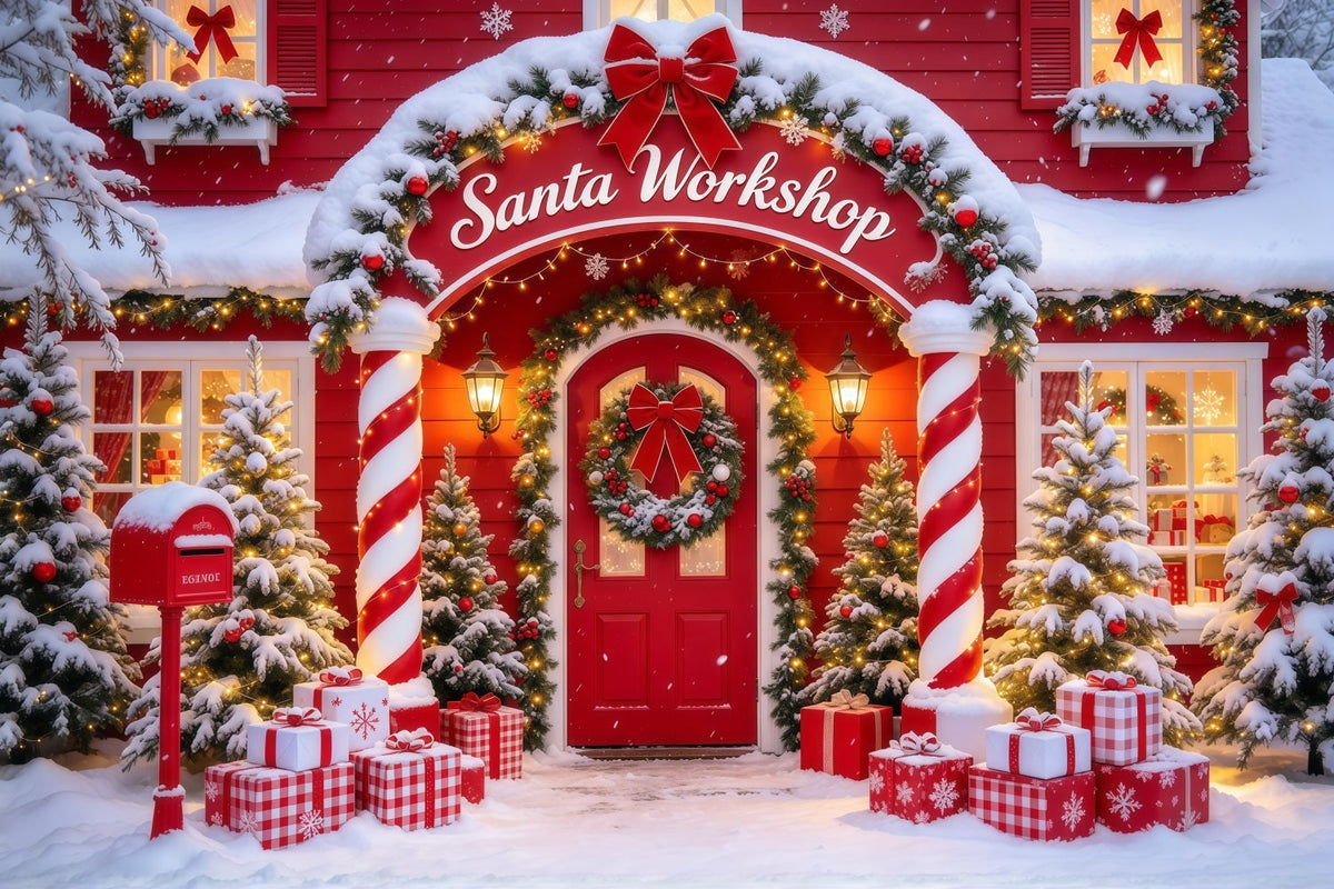 Santa's Workshop Backdrop Candy Cane Column Doorway Christmas Red Backdrop UK GQ610-10