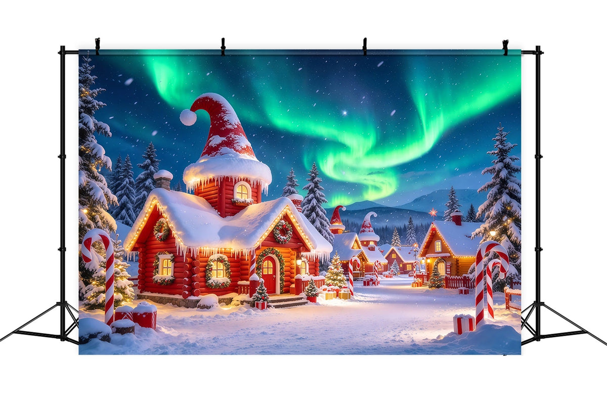 Christmas Elf Backdrop Aurora Borealis Snowy Village Christmas Photos Backdrop UK GQ610-102