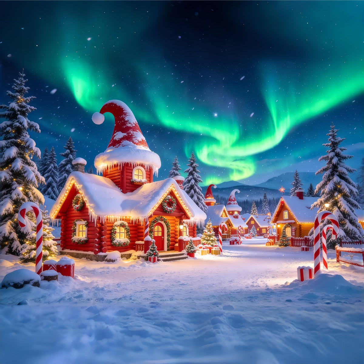 Christmas Elf Backdrop Aurora Borealis Snowy Village Christmas Photos Backdrop UK GQ610-102