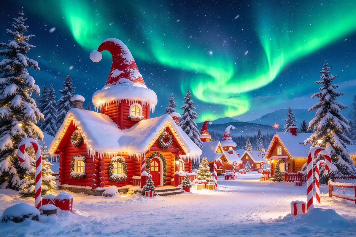 Christmas Elf Backdrop Aurora Borealis Snowy Village Christmas Photos Backdrop UK GQ610-102