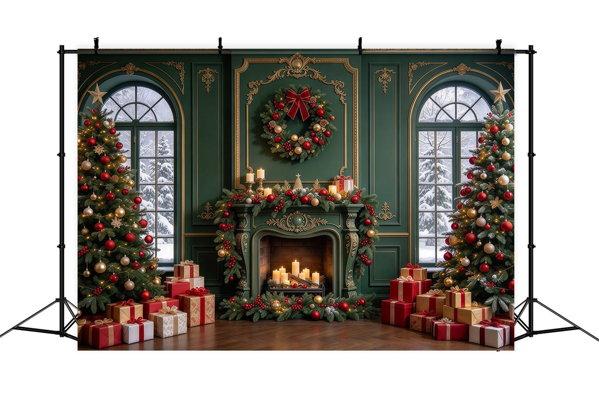 Living Room Christmas Backdrop Emerald Gold Fireplace Display Christmas Card Backdrops UK GQ610-103