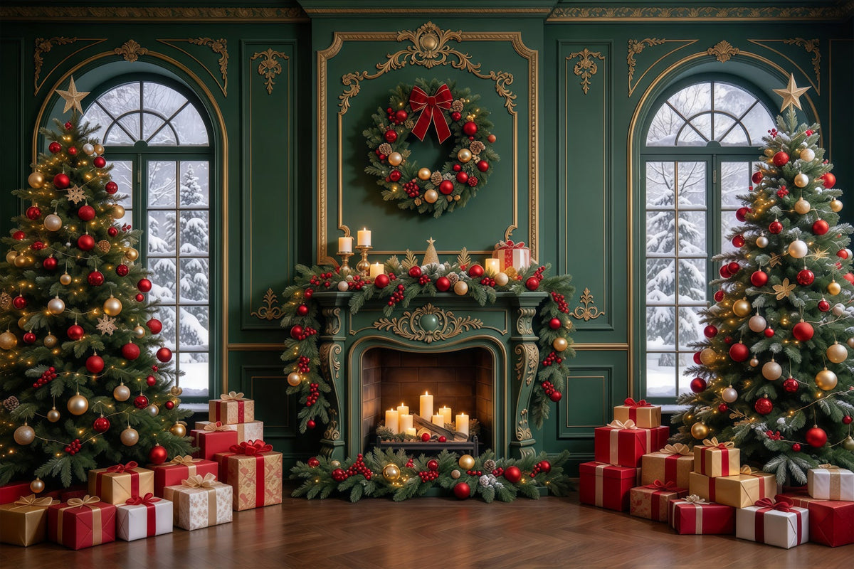 Living Room Christmas Backdrop Emerald Gold Fireplace Display Christmas Card Backdrops UK GQ610-103