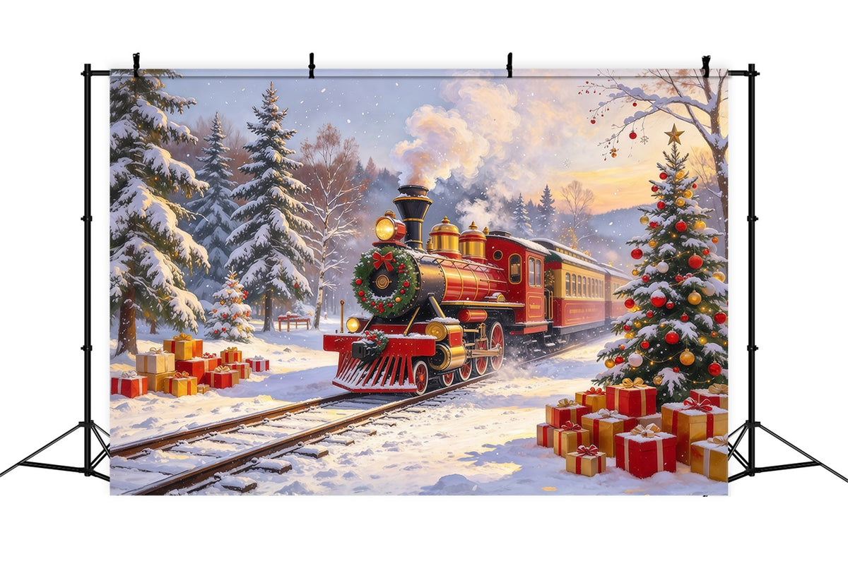 Professional Christmas Backdrop Red Steam Train Snowfall Christmas Village Backdrop UK GQ610-107