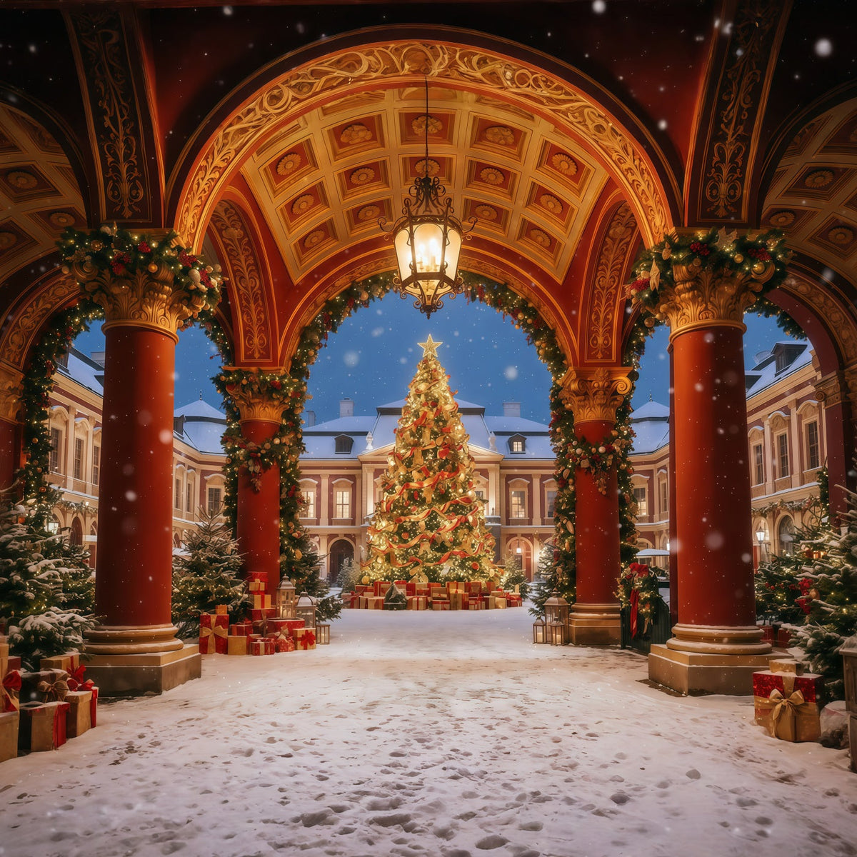 Christmas Arch Backdrop Ornate Courtyard Tree Display Christmas Party Picture Backdrop UK GQ610-110